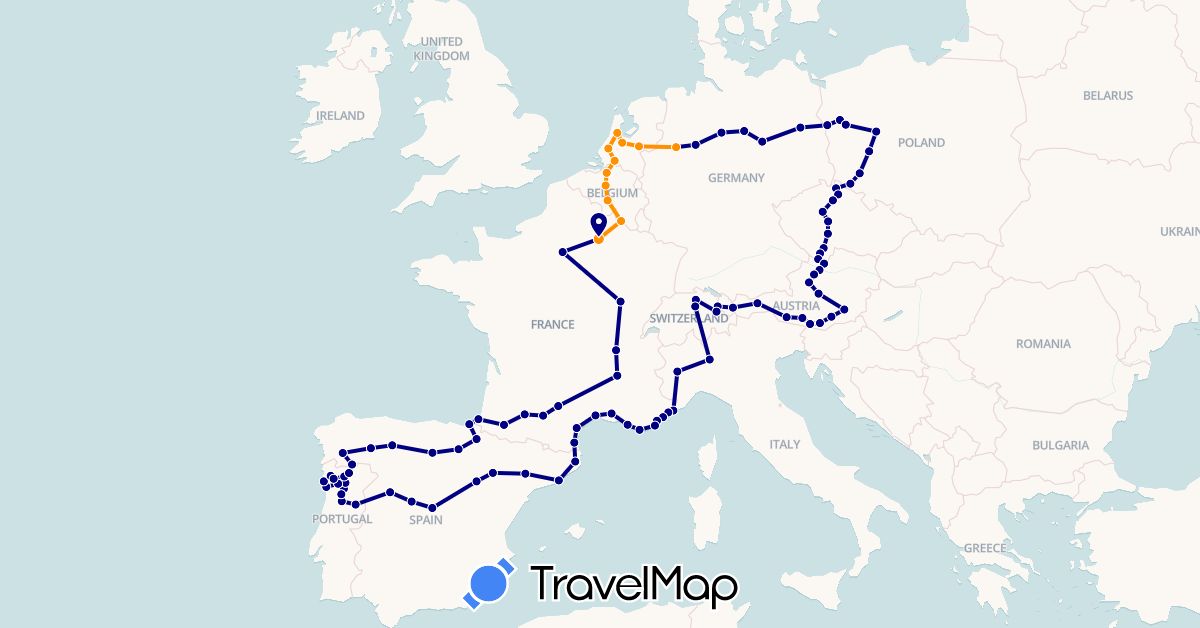 TravelMap itinerary: driving, hitchhiking in Austria, Belgium, Switzerland, Czech Republic, Germany, Spain, France, Italy, Liechtenstein, Netherlands, Poland, Portugal (Europe)