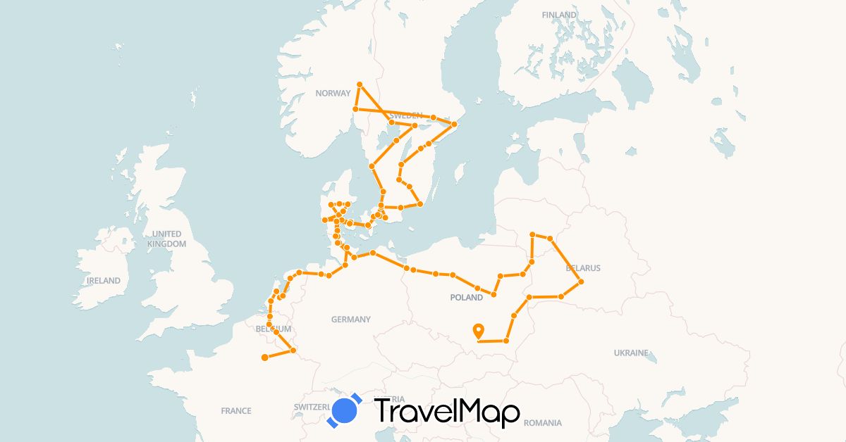 TravelMap itinerary: hitchhiking in Belgium, Belarus, Germany, Denmark, France, Lithuania, Luxembourg, Netherlands, Norway, Poland, Sweden (Europe)