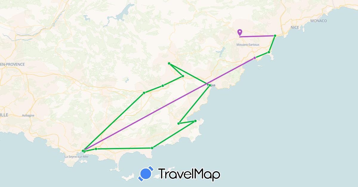 TravelMap itinerary: driving, bus, train in France (Europe)